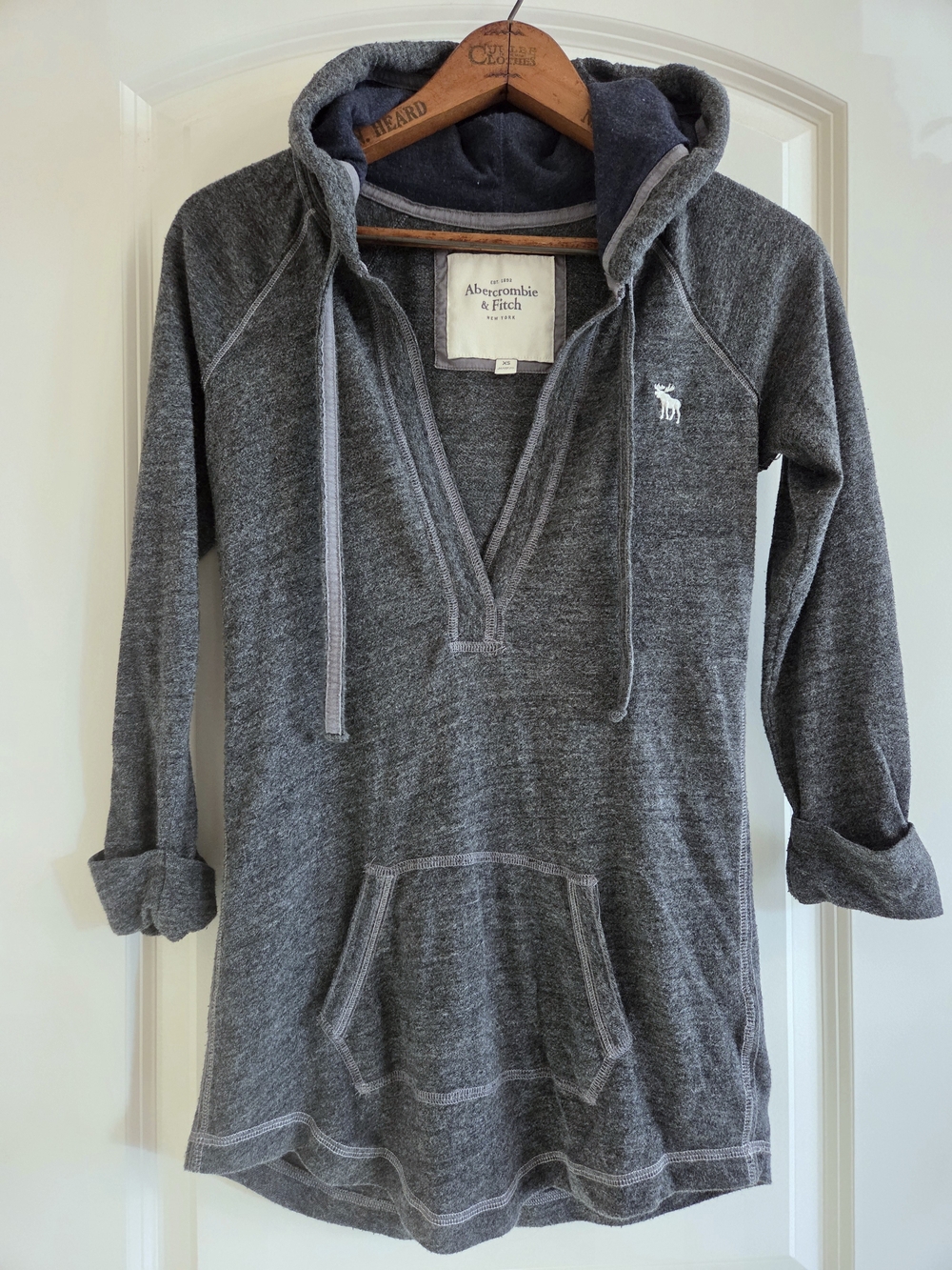 Abercrombie & Fitch Vintage Y2K Henley Tunic Hoodie Charcoal Gray XS Moose Logo